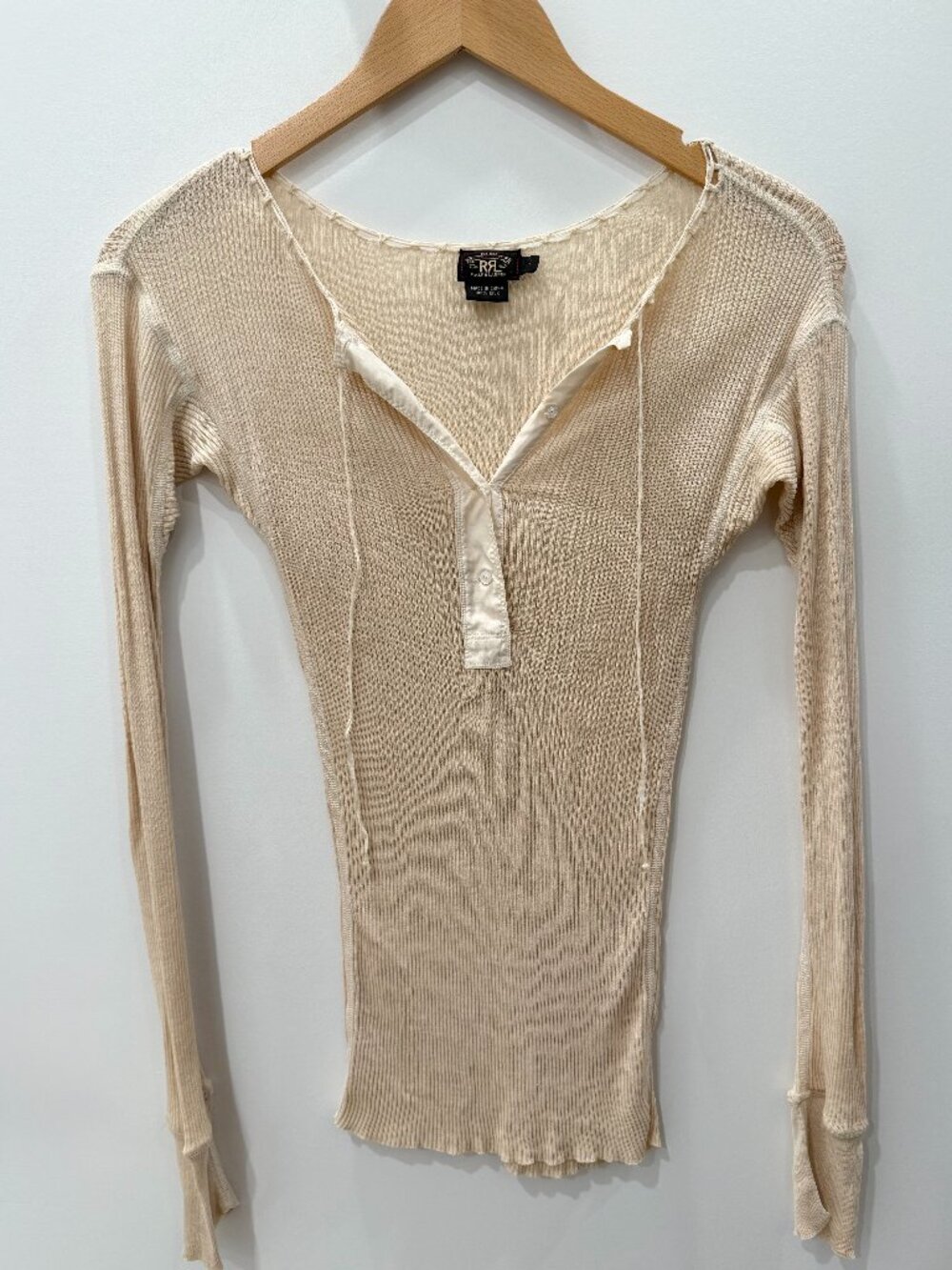 RRL Ralph Lauren 100% Silk Ribbed Henley Top | Cream | Size XS-S